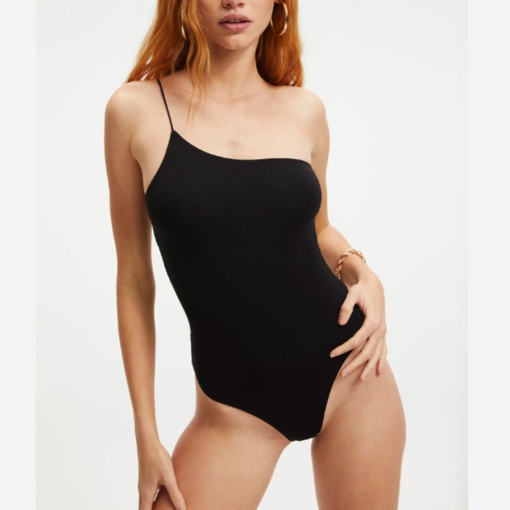 Good American Black One-Shoulder Bodysuit